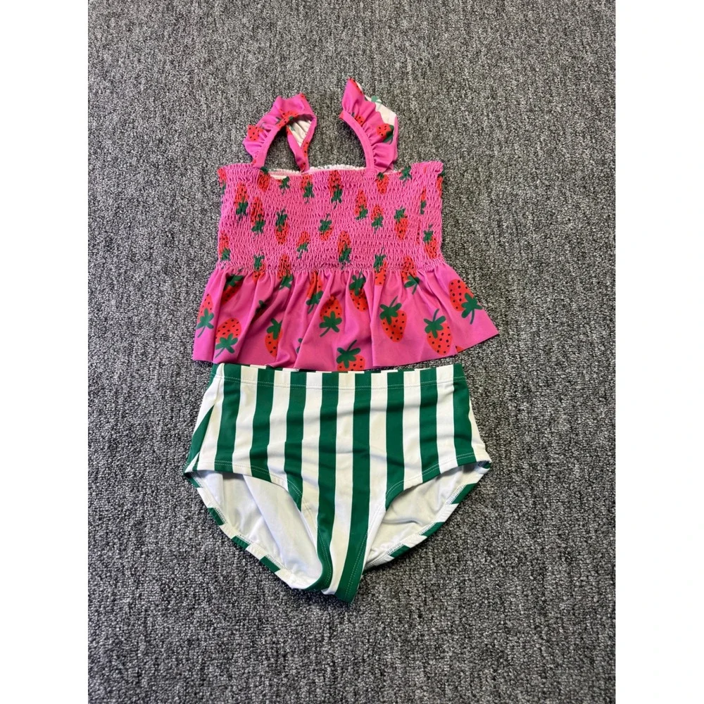 Hanna Andersson Swimsuit Girls 10 Pink Strawberry Green Stripe 2 Piece Tankini